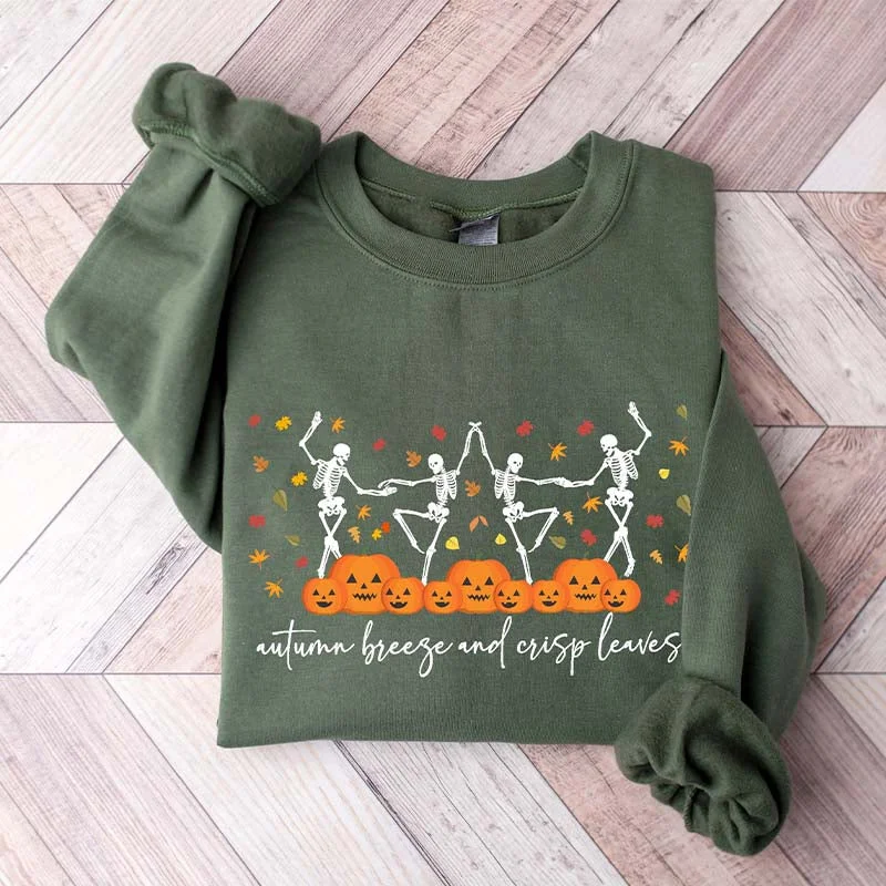 Sweatshirt with wide tie -Pumpkin Halloween Dancing Skeletons Sweatshirt