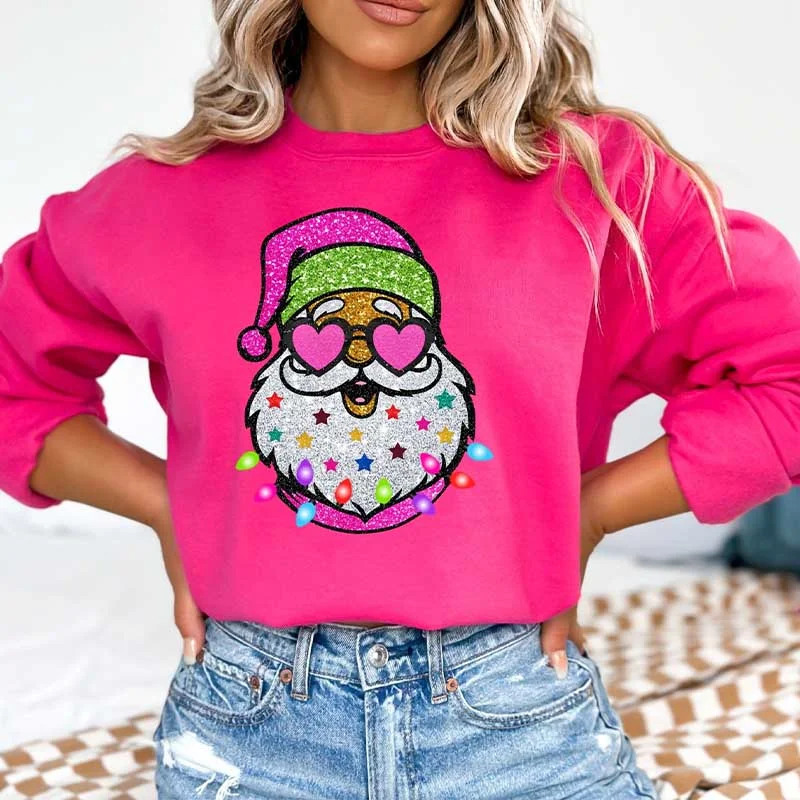 Sweatshirt for fall events -Trendy Pink Santa With Sunglasses Printed Sweatshirt