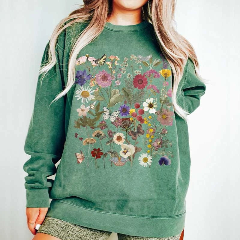 Sweatshirt with front hem -Vintage Pressed Flowers Botanical Sweatshirt