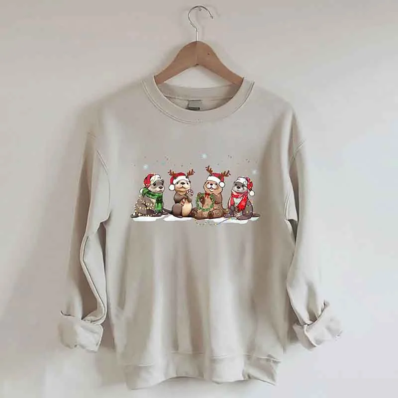 Sweatshirt with cropped hem -Christmas Otters Sweatshirt