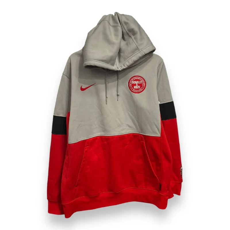 Sweatshirt for fall nights -Athletic Sweatshirt Hoodie By Nike Apparel In Grey & Red, Size: L