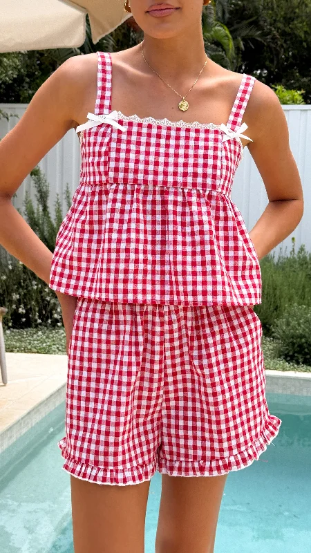 White running shorts bold -Elise Ribbon Top and Shorts Set - Red Gingham