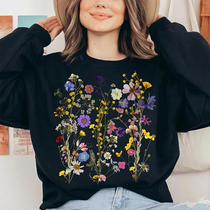 Sweatshirt with stripe hem -Boho Wildflowers Floral Graphic Sweatshirt