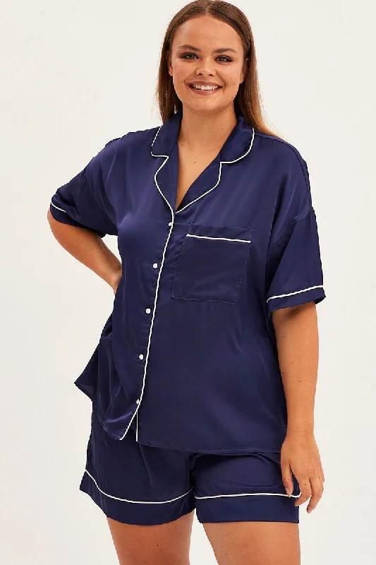 Navy cargo shorts sleek -Blue Short Sleeve Top And Shorts Satin Pyjama Set