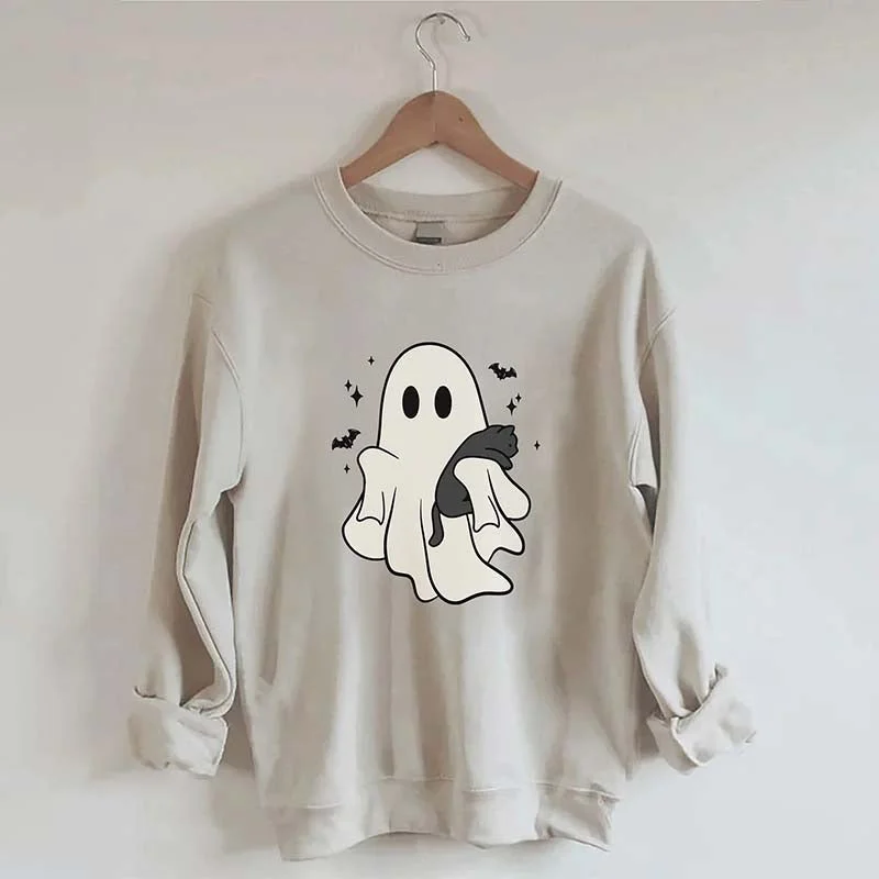 Sweatshirt with short hem -Cute Ghost Black Cats Halloween Sweatshirt