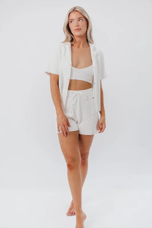 Camo shorts outdoor vibe -Alexis Cotton Waffle Shorts with Drawstring in White