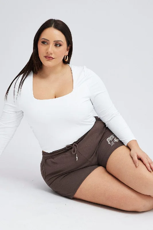 White running shorts bold -Brown Track Shorts High Rise