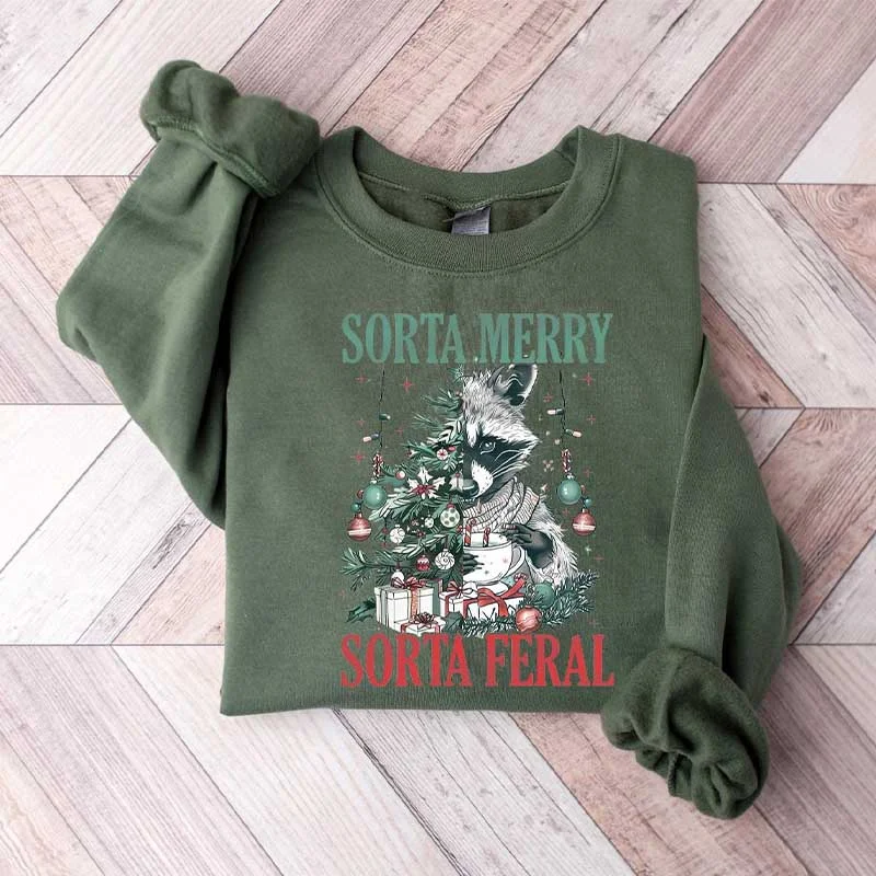 Red sweatshirt for holidays -Sorta Merry Sorta Feral Sweatshirt