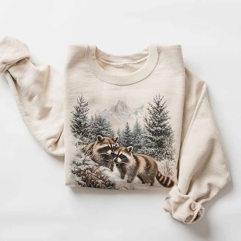 Sweatshirt for summer trips -Retro Raccoons Snowy Forest Winter Scene Sweatshirt