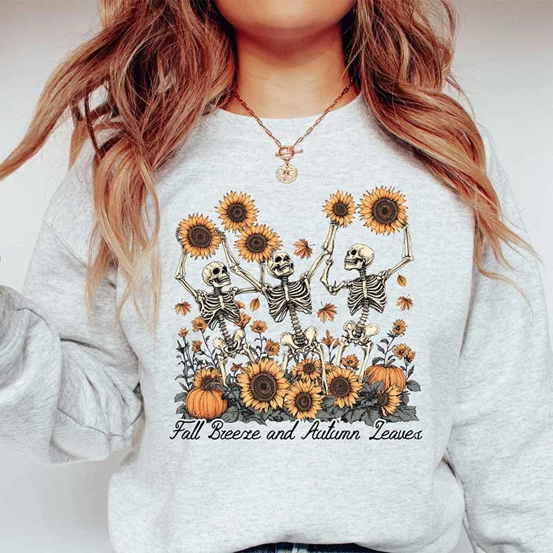 Sweatshirt with flared hem -Fall Breeze and Autumn Leaves Skeleton Sweatshirt