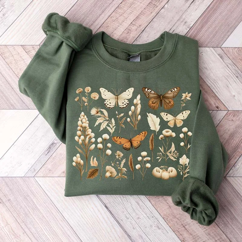 Sweatshirt for cozy walks -Moth Insect Fall Wildflowers Sweatshirt