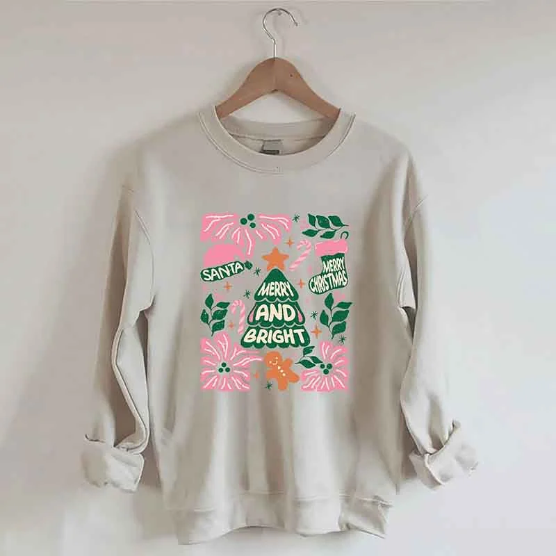 Sweatshirt with wide cuffs -Merry And Bright Christmas Tree Flower Sweatshirt