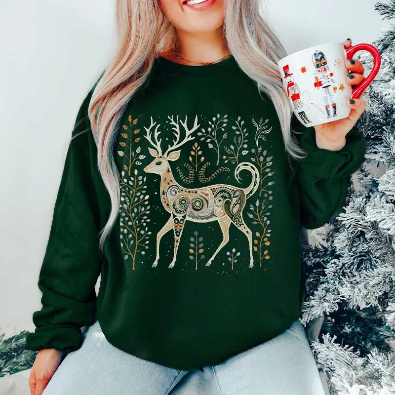 Sweatshirt with long hem -Vintage Reindeer Folk Art Sweatshirt