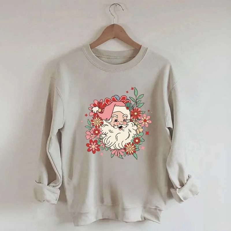 Sweatshirt for morning trips -Floral Santa Christmas Daisy Sweatshirt