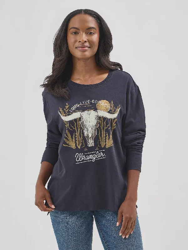 T-shirts with floral design -LADIES WRANGLER SKULL GRAPHIC LONG SLEEVE SHIRT