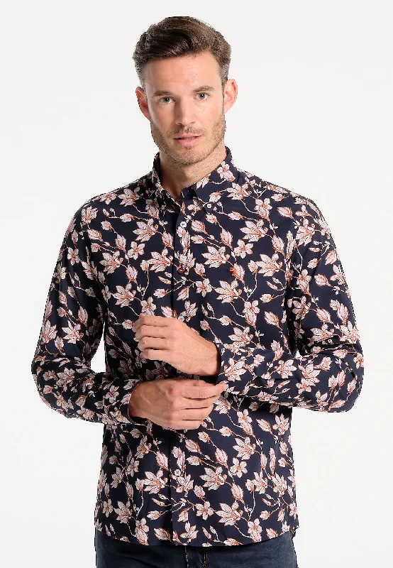 T-shirts for tattoo fans -Chemise homme bleue marine avec fleurs blanches