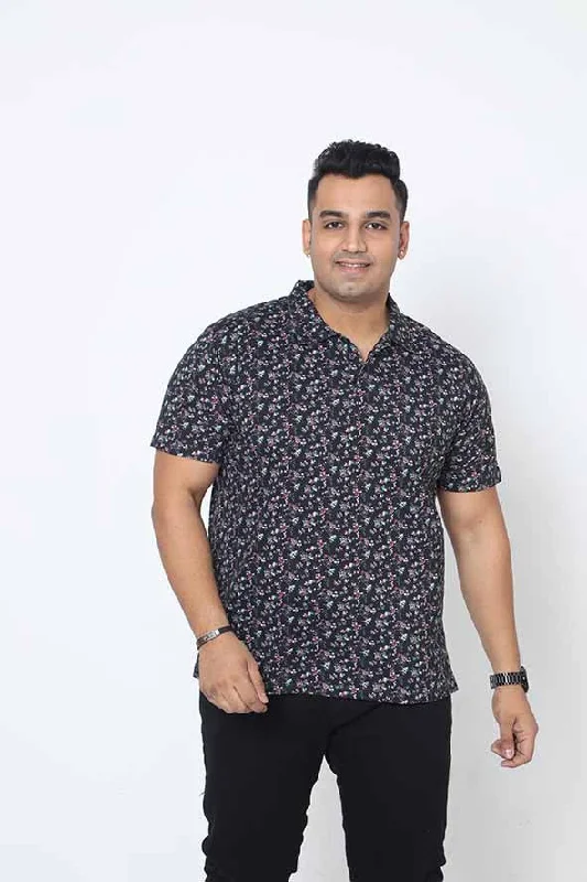 T-shirts with car designs -Men Plus Size Black Floral Printed Polo Collar T-shirt