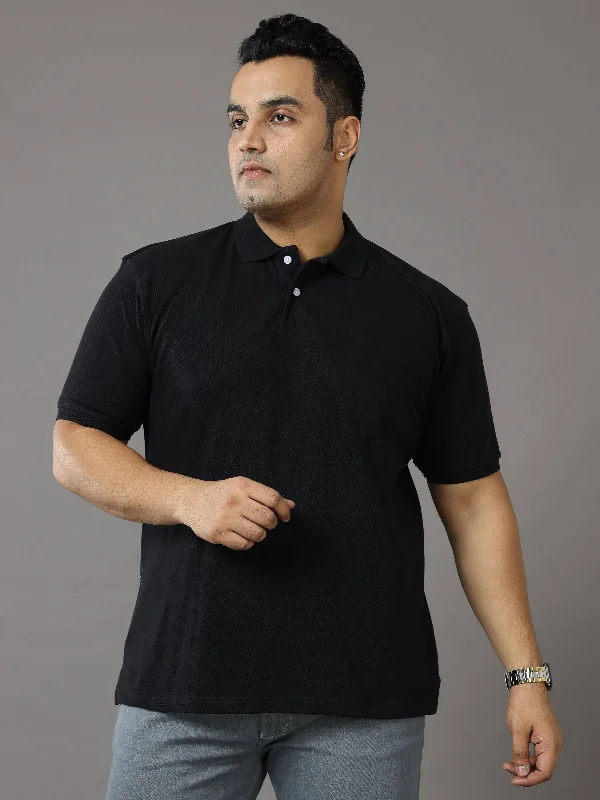 T-shirts for gothic vibes -Black Solid Polo Collar Pure Cotton T-SHIRT Men's Plus Size