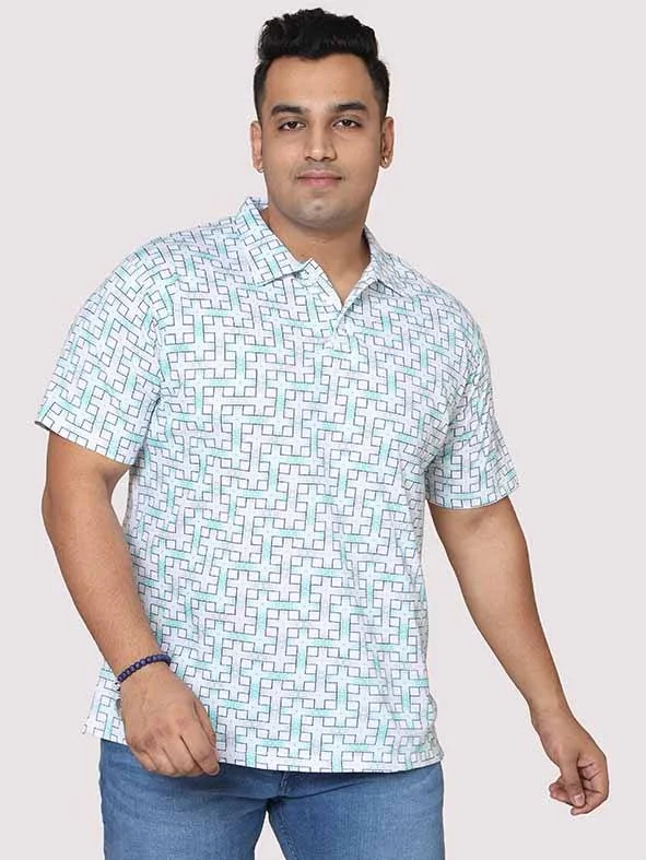 T-shirts for riders cool -Men Plus Size  White Grey Connecting Checks  Digital Printed Polo Collar T-shirt