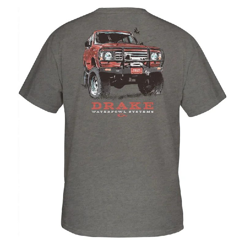 T-shirts with fall leaves -Drake Red 4X4 Truck T-Shirt- Graphite Heather