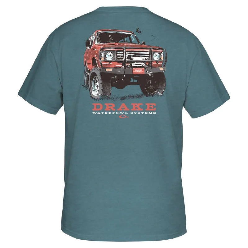 T-shirts with flannel art -Drake Red 4X4 Truck T-Shirt- Smoke Blue Heather