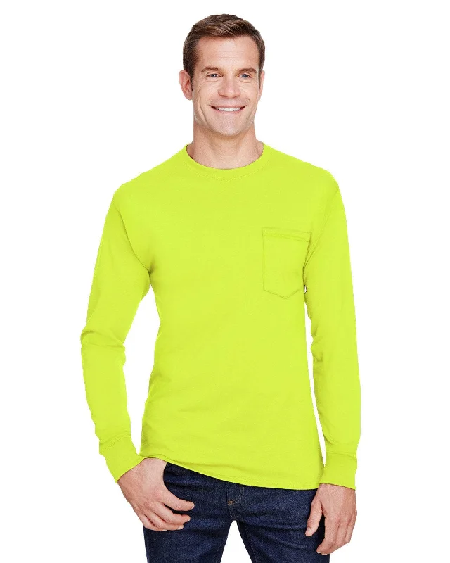 T-shirts with disco designs -Hanes Workwear Long Sleeve Pocket T-Shirt | Safety Green