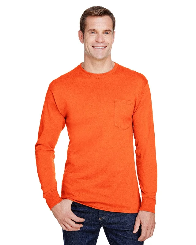 T-shirts with graffiti art -Hanes Workwear Long Sleeve Pocket T-Shirt | Safety Orange