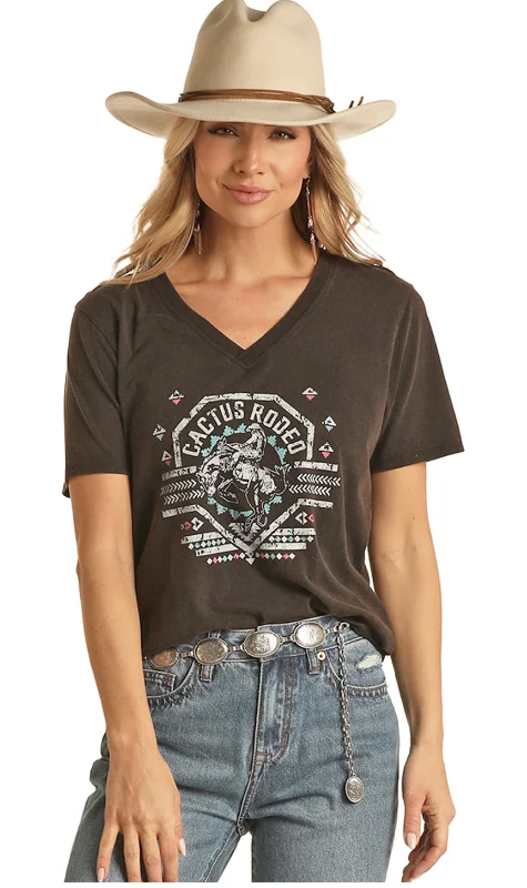 Crew neck T-shirts classic -LADIES VNECK CACTUS RODEO GRAPHIC TEE