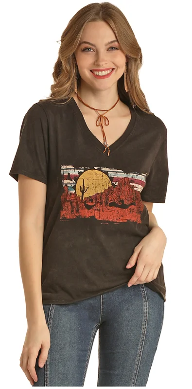 Cotton T-shirts soft feel -LADIES VNECK RED & BLACK "DESERT" TEE