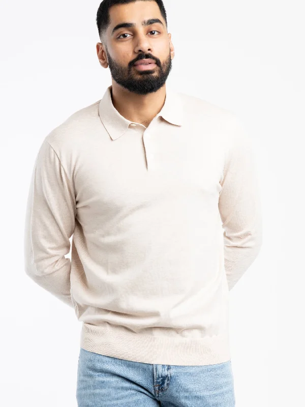 T-shirts with rose graphics -Light Sand Cotton Polo-Collar Sweater