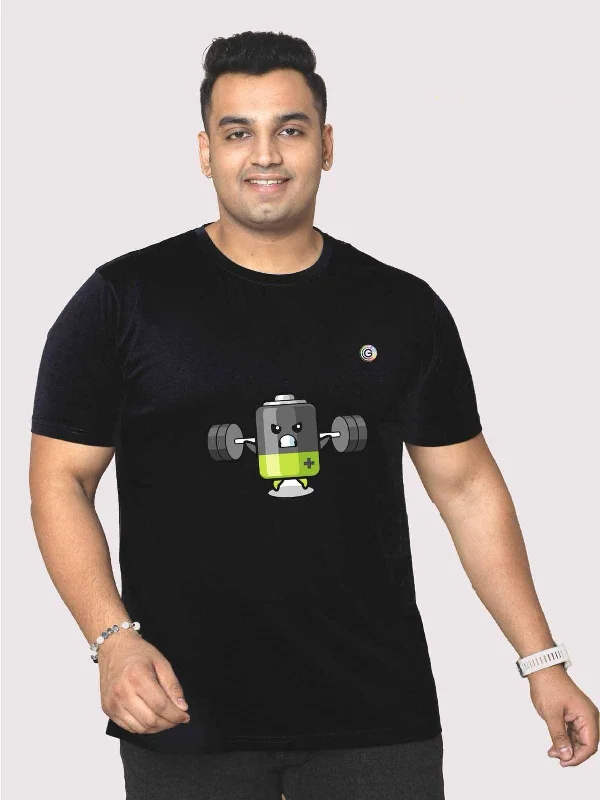 T-shirts for actors witty -Men Plus Size Black Battery Cartoon Printed Round Neck T-Shirt