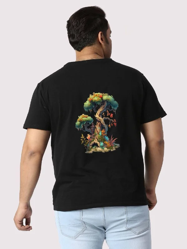 T-shirts with owl themes -Men Plus Size Black Bonsai Tree Printed Round Neck T-Shirt.