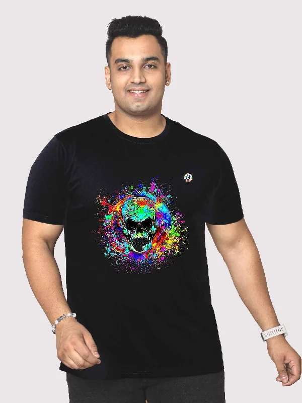 T-shirts with neon colors -Men Plus Size Black Colorful Skull Printed Round Neck T-Shirt