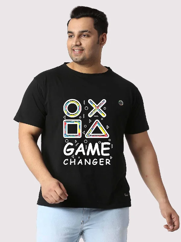 T-shirts with chemistry puns -Men Plus Size Black Game Changer Printed Round Neck T-Shirt