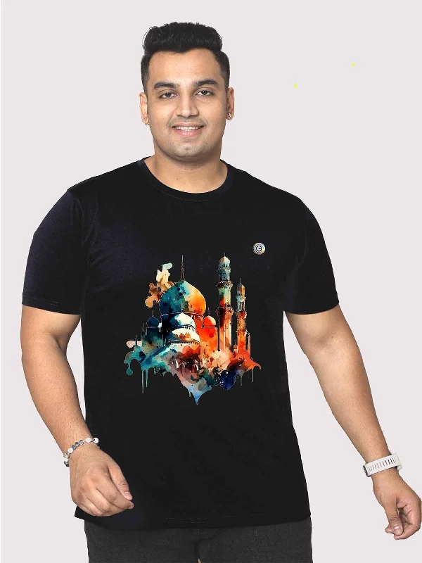 T-shirts with jellyfish prints -Men Plus Size Black Mosque Printed Round Neck T-Shirt