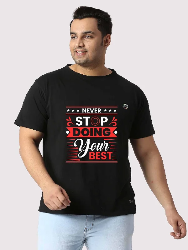 T-shirts with minimalist logos -Men Plus Size Black Never Stop Doing Your Best Printed Round Neck T-Shirt