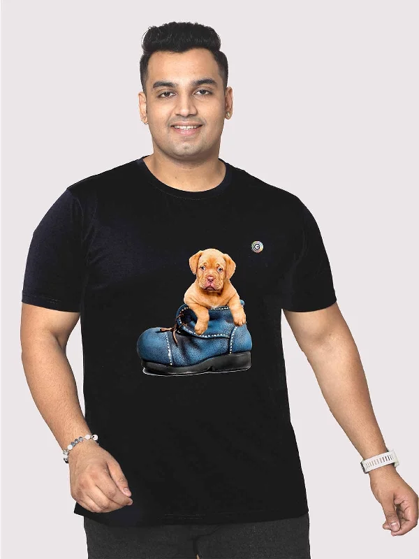 T-shirts for caffeine addicts -Men Plus Size Black Puppy in a Shoe Printed Round Neck T-Shirt