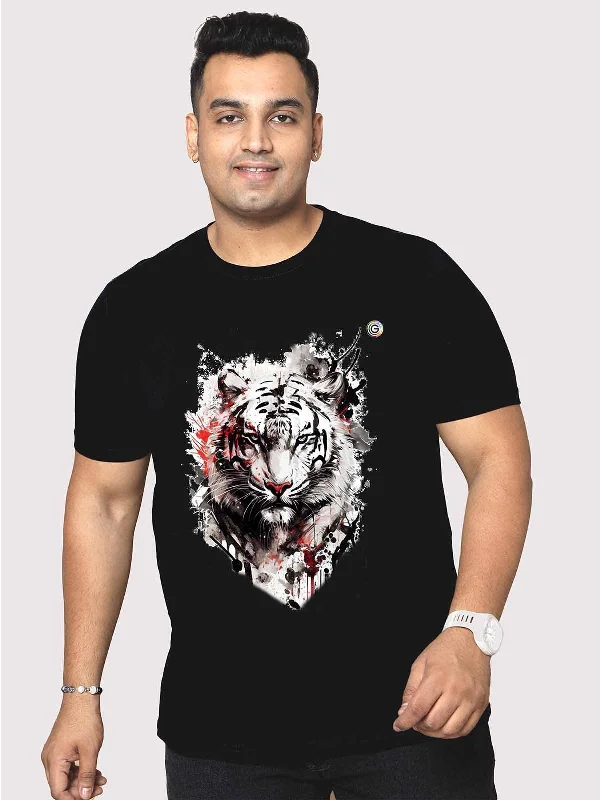 Oversized T-shirts for women -Men Plus Size Black Tiger Head Printed Round Neck T-Shirt