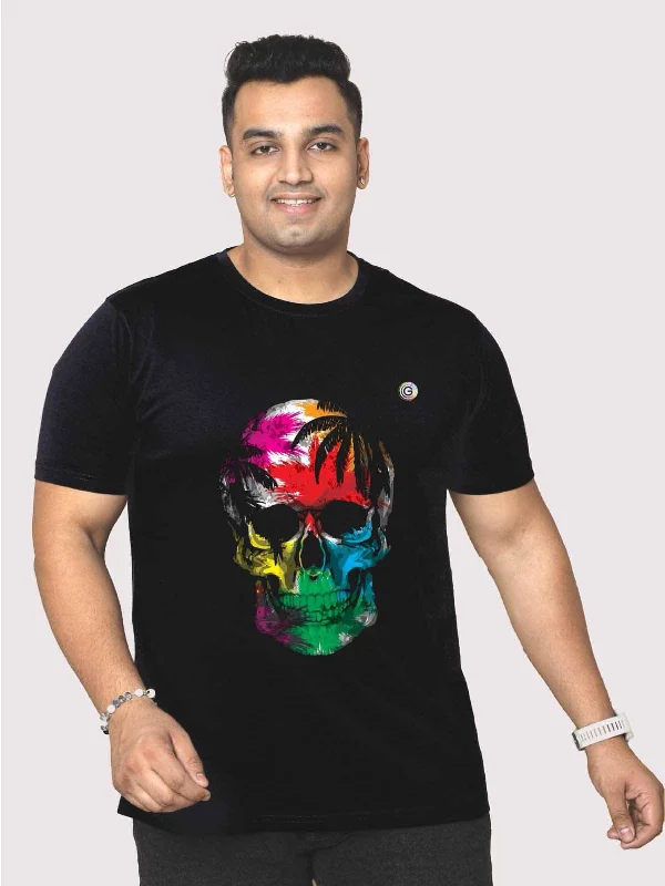 T-shirts for art lovers -Men Plus Size Black Tropical Skull Printed Round Neck T-Shirt