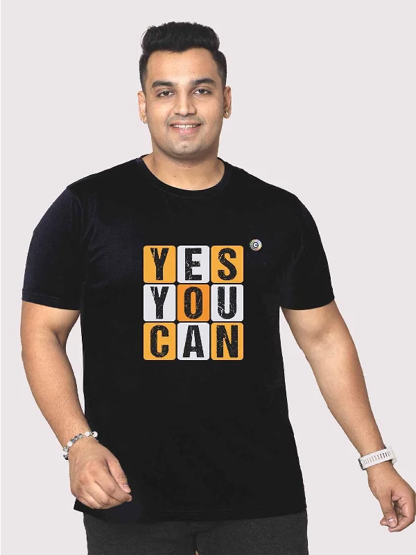 T-shirts with gift art -Men Plus Size Black Yes You Can Printed Round Neck T-Shirt