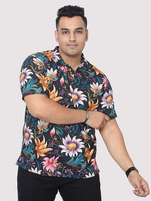 Retro T-shirts 80s vibe -Men Plus Size Blue Floral Digital Printed Polo Collar T-shirt