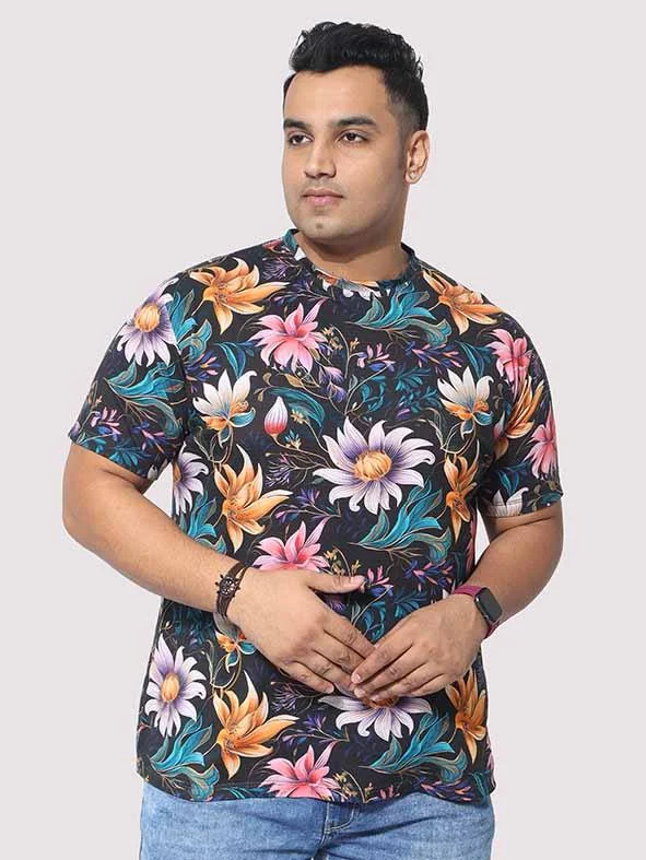 T-shirts with cupid designs -Men Plus Size Blue Floral Digital Printed Round Neck T-Shirt