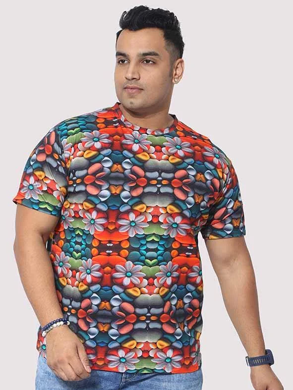 T-shirts for autumn fans -Men Plus Size Flower Mirror Digital Printed Round Neck T-Shirt