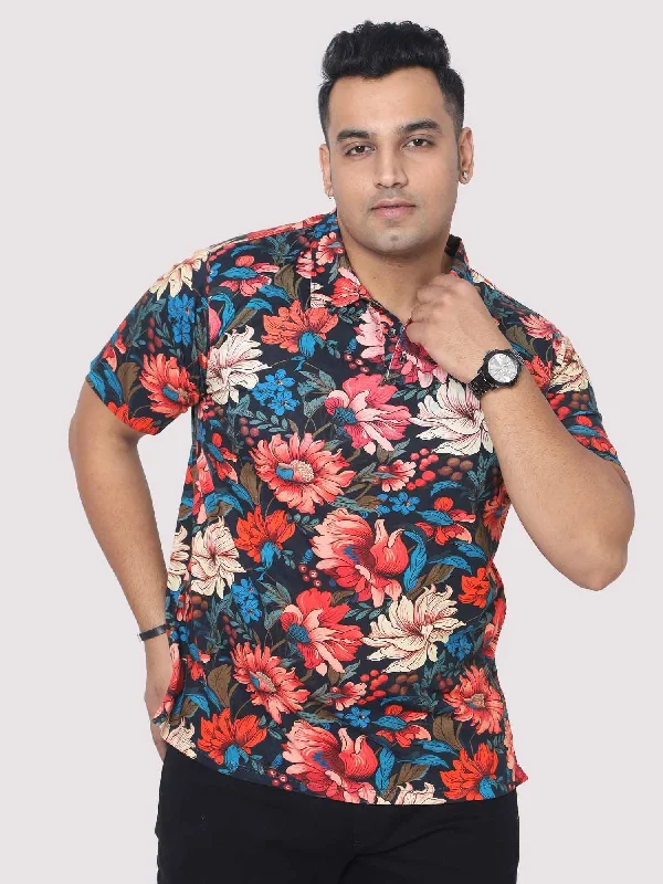 T-shirts with lighthouse designs -Men Plus Size Red Floral Digital Printed Polo Collar T-shirt