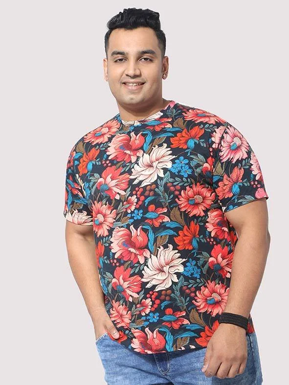 Designer T-shirts luxury brand -Men Plus Size Red Floral Digital Printed Round Neck T-Shirt