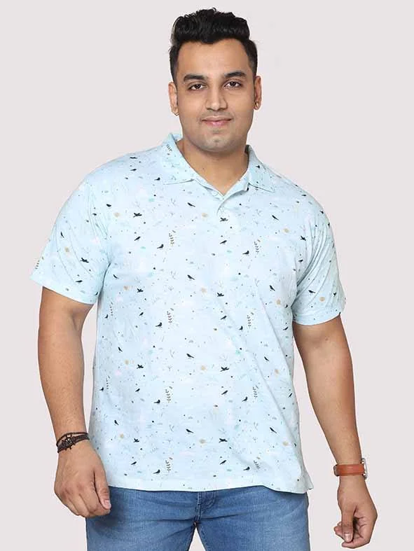 T-shirts with mural designs -Men Plus Size Seth  Light Blue  Digital Printed Polo Collar T-shirt