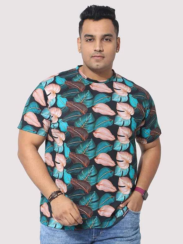 T-shirts for rail vibes -Men Plus Size Tropical Leaf Digital Printed Round Neck T-Shirt