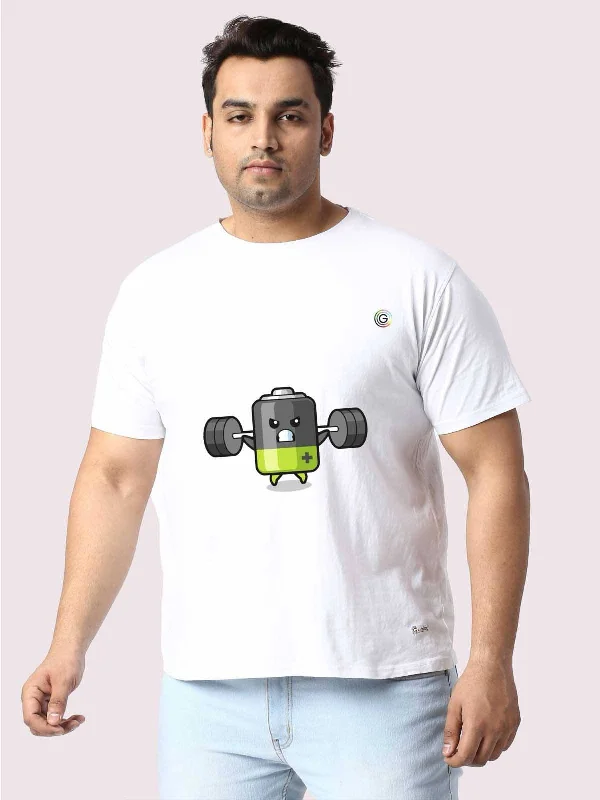 T-shirts for painters creative -Men Plus Size White Battery Cartoon Printed Round Neck T-Shirt