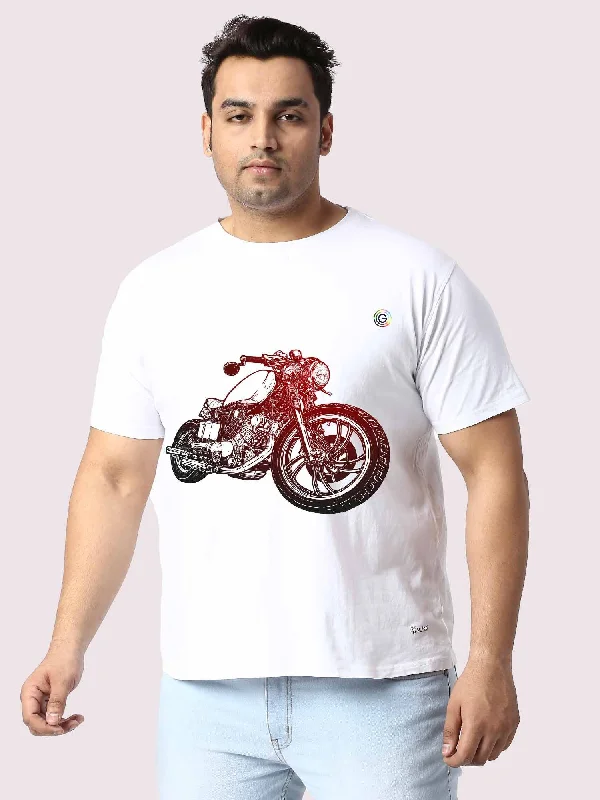 T-shirts for camping rugged -Men Plus Size White Biker Graphic Printed Round Neck T-Shirt