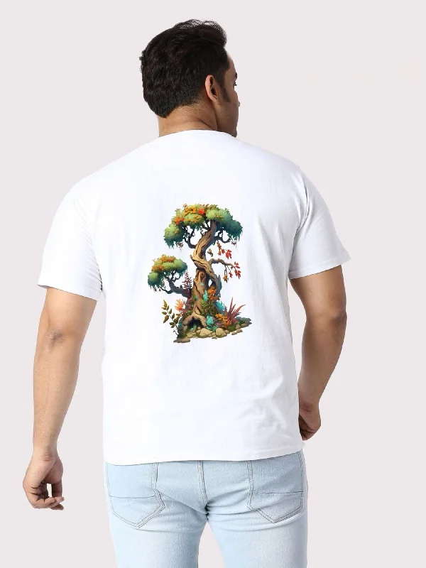 T-shirts for country living -Men Plus Size White Bonsai Tree Printed Round Neck T-Shirt